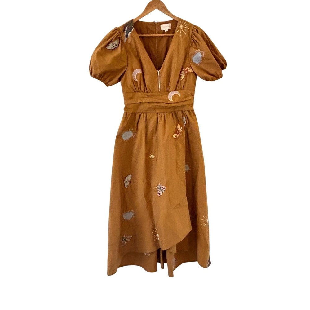 Ciebon Arya Embroidered Celestial Dress Womens S Rust Brown Boho Midi Stars